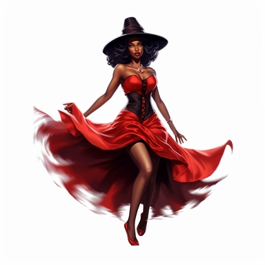 A very attractive black beauty witch in a red dress emphasizing her beautiful figure as a clipart on a white background
