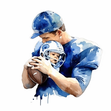 Watercolor, father and child in blue playing American football, watercolor style clipart, solid white background