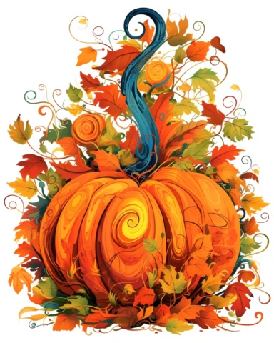 one pumpkin clip art, in the style of collage-style mixed media, bold yet graceful, dr suess colors carsten holler, leaf patterns, edwin lord weeks, hand lettering, michael hutter