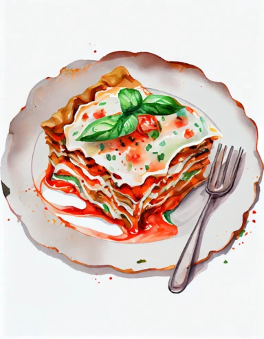 detailed watercolor lasagna on a plate with fork, realistic, isolated on white background, clipart