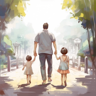 view of back, father holding daughter and boy hand walking away. Watercolor Clipart, strybk, full Illustration, chibi kawaii, 8k, sharp focus, watercolor, smooth soft skin, symmetrical, soft lighting, detailed face, concept art, muted colors, children's style fairy tales, Octane rendering, 3D, Craig Davison, Aubrey Beardsley, Conrad Roset, Aikut Aidogdu, Agnes Cecil