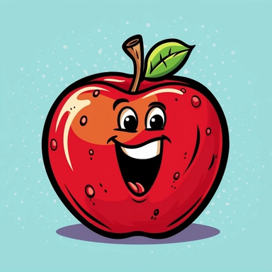 Create a cartoon-style clipart of a bright red apple with a plain, high-contrasted background. The apple should be shown with a big, friendly smile and rosy cheeks, and be positioned in a way that draws attention. The drawing should be simple and playful, with bold outlines and vibrant colors that give it a fun, cartoon-like appearance. Perfect for use in educational materials, websites, or any project that needs a touch of whimsy.