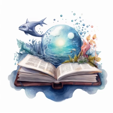 very detailed, hyper realistic, fantasy book watercolor clipart, single open book, lot of magical things coming out of the book, magical theme, dark colors, Neptun and ocean coming out of the book with visible moon, shaped in orb shape, water element theme, white background