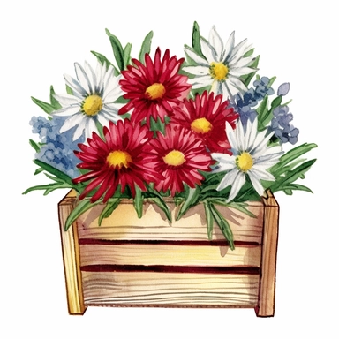 Design a dreamy watercolor clipart of frenchfarmhouse-inspired Asters, celosia, and daisies arranged in a rustic wooden crate composition, hand-painted with soft and graceful brushstrokes. Draw inspiration from the artistic finesse of Ethereal Petals Watercolors for a refined and ethereal depiction. isolated on a white background, hand-drawn illustration, hand-painted watercolor texture, 16k UHD resolution, intricately detailed, sharp focal points, designed by Ana Victoria Calderon and Holly Exl