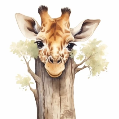 cute giraffe calf, peering curiously from behind a tree, a gentle giant in the making, warm pastel colors, clipart, on a white background