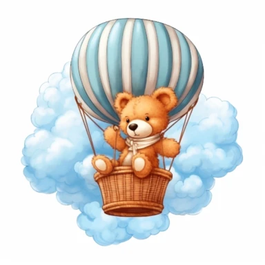 cute cartoon Teddy Bear sitting on top of a hot air balloon in the clouds, clipart, white background