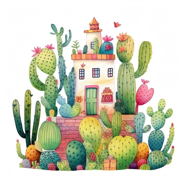Step into a whimsical summer wonderland with a charming clipart illustration featuring an adorable cactus in a playful cartoon style against a pristine white background. Picture a lovable cactus with a friendly expression and vibrant details, embodying the carefree spirit of summer. Utilize a vibrant and lively color palette, incorporating shades of cheerful greens, warm yellows, and playful accents of pink or orange, to capture the sunny and playful nature of the season. Enhance the composition