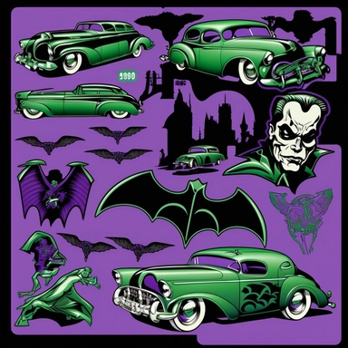 clipart model sheet of various psychobilly elements of design like skeletons, bats, full moon scenery, rat rods, that would fit in a psychobilly style Hawaiian pattern, using black, purple and green shades