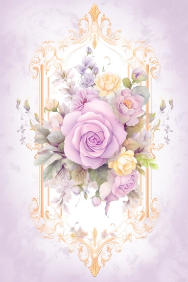Vintage shabby damask clipart vignette with delicate floral patterns along the sides and corners of the image, small cute bright oil painting vignette with beautiful roses and blooming lilacs, light pastel tones in the center of the image,