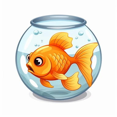 fat goldfish, in a small fish bowl, cute, funny, cartoon, clipart