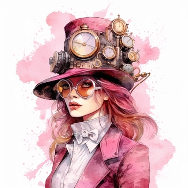 Steampunk style weared pink detailed lady with watercolor effect,high resolution,unrealistic fantastic,white background,suitable for digital cliparts,fantastic scene,high quality