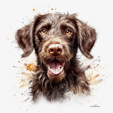 cute German Roughhaired Pointer dog portrait, full face, centered shot, side shot, dynamically posed, in action, playful mood, happy mood, playing mood, cute face, adorable smile, childlike eyes, clean watercolor illustration, white background, nursery baby imagery, painting, detailed, 8k, PNG, clipart,