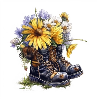 Fluffy Bumblebee climbing on wild flowers, flower bouquet in an old dirty work boots, highly detailed, acrylic paint, 16k, realistic, isolated on a white background, clipart