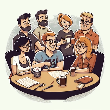 ten smiling adults sitting in a meeting by a table, a female person is leading the meeting, in an office environment, watercolor clipart, colorful, highly detailed, simple, smooth and clean vector, no jagged lines, vector art, smooth, Isolate on white bac