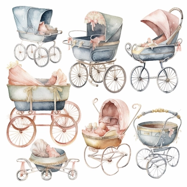Generate a watercolor clipart series of classic baby items, such as prams, bassinets, and mobiles. The colors should be soft and soothing, with lots of pale blues, pinks, and yellows. The images should be detailed and sophisticated, with clean lines and refined details, white background