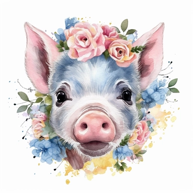 Nursery Print baby head pig flowers drawn in watercolor style, vector design, , Sublimation Clipart ,Cartoon,hyper realistic, intricate detail, illustration style,high solution,on the white background