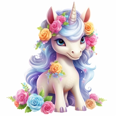 White background Clipart 3D cute painting of an adorable baby unicorn with big baby blue eyes shy little with roses rainbow pinks roses and reds roses all around rainbow colourful flowers vivid clear detailed roses pansies and lavender all around clipart detailed cartoon style cartoon of happy cute little tiger beautiful sparkling and pearls Clipart image shimmer and shells and starfish pastel flowers all around pastel light colors gorgeous hyper realistic big glass blue eyes for detail the hype