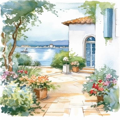 Watercolor, a lakeside courtyard in bloom, clipart on white background.