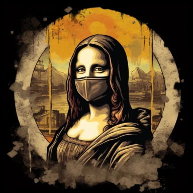 Create a captivating clipart featuring a post-apocalyptic version of the Mona Lisa with a Fallout-inspired twist. Design a striking and visually intriguing artwork that combines the enigmatic charm of the Mona Lisa with the gritty, desolate aesthetics of the Fallout video game series. Infuse the clipart with elements such as a worn and weathered appearance, tattered clothing, gas mask, and iconic Fallout motifs to evoke the post-apocalyptic atmosphere. With a white background, the clipart mainta