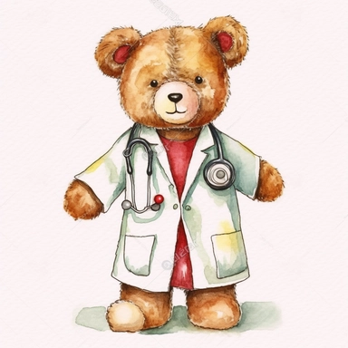 cute watercolor sketch clipart of a teddybear wearing a doctors coat thats hand drawn