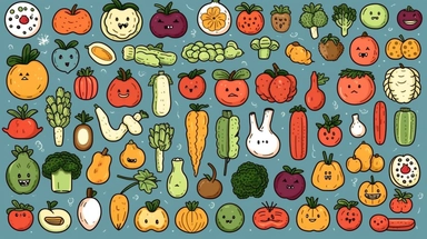vegetables vector clipart vector vegetables cute animal collection, in the style of #screenshotsaturday, flat areas of color, flat color blocks, 1970–present, rough-edged 2d animation, lightbox, colorful animation stills