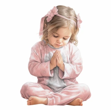 Watercolor cute praying little girl, kneeling by bed, pastel pink pajamas, beautiful details, ultra detailed, ultra photo real intricate detailed, high definition, graphic clipart, hyper realistic, detailed, white background
