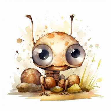 ant with cute big eyes, happy smiling face, cute animal, adorable, playful atitude, adorable watercolor animal clipart with a few seaweedss and shell decor, no background, highly detailed, high quality very sharp with clear focus