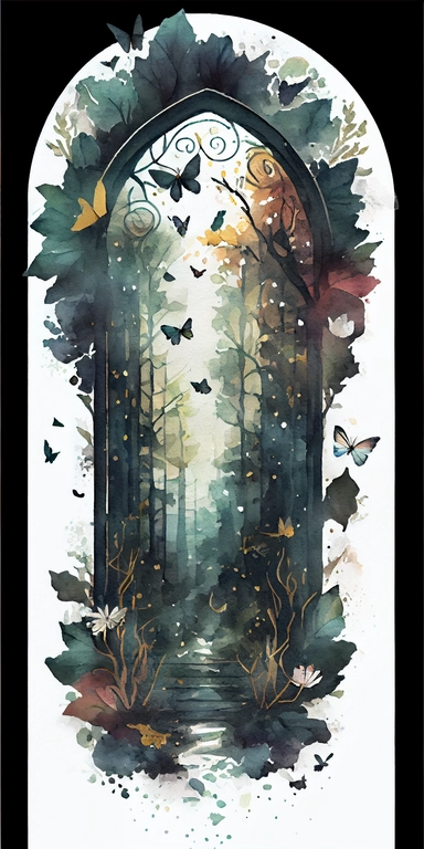 watercolor sticker clipart of a gothic door in a forest, with butterflies flying out, majestic and mysterious, dark green, black, and golden colors, on white background