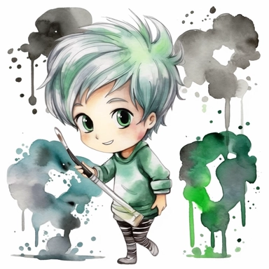 watercolor funny create kawaii marbled black ,silver, green chibi school spirit clipart, isolated on white background,space out--ar3:2--s1000