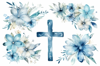 watercolor cross clipart, blue color, with flowers, hd, on white background, spaced out