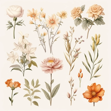 Description: Create a collection of exquisite flower drawings with a wedding theme, featuring delicate details, high resolution, on a white background, and adorned with earthy colors. These drawings should be perfect for decorating wedding invitations as digital clipart. Image Medium: Digitally rendered illustrations with crisp lines and vibrant colors, ensuring scalability and versatility for various design applications. Style: Infuse the drawings with an air of delicacy, capturing the intricat