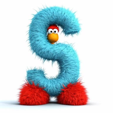 clipart style letter S, Dr. Suess fluffy style with arms, legs and friendly cute face for children