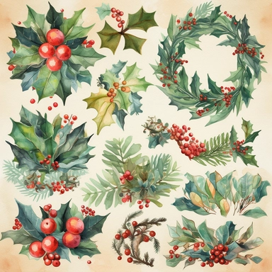 Generate a set of watercolor clipart images with a Christmas theme, featuring delicate and intricate designs of traditional holiday symbols like snowflakes, holly leaves, mistletoe, Christmas trees, and ornaments. The images should have crisp lines and clear outlines, with a high level of detail and subtle colors to make them elegant and beautiful. Please generate the images at the highest quality possible, with a resolution of at least 300 dpi and a size of 8x8 inches