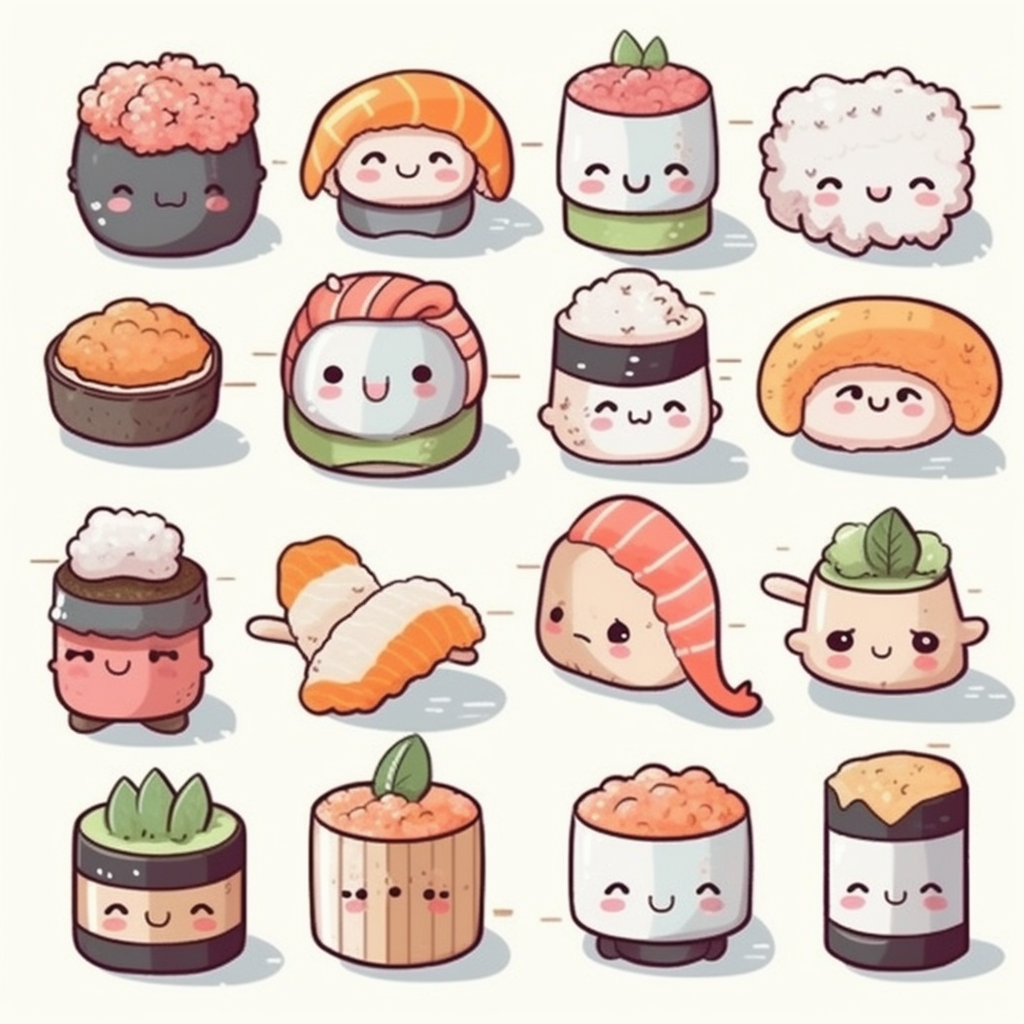 realistic , digital stamps vector asain kawaii food Kawaii Sushi ...