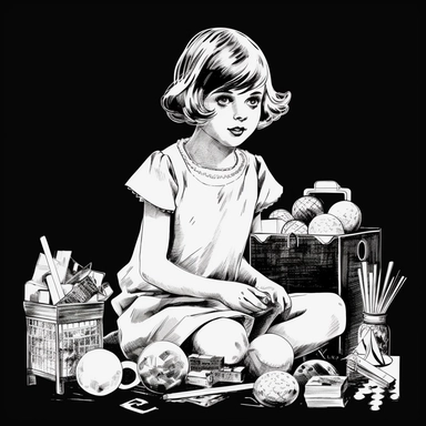 sketch clipart of 20s poster girl playing with toys, hd, white on black background, spaced out,--ar 3:2