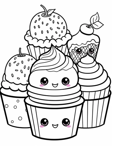 Kawaii muffins with delightful designs and flavors, like blueberry, chocolate chip, and banana For Simple Coloring page,line art, thick lines, black and white,clipart, illustration, on white background,margin Page 10px