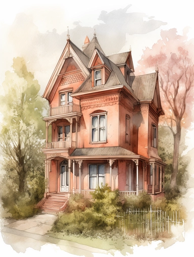 victorian country house, watercolor clipart, isolated subject , HD, pastel colors