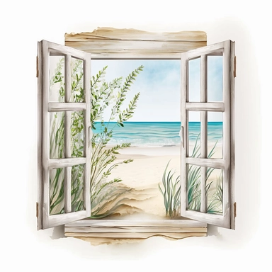 outside window summer beach scene watercolor white background clipart