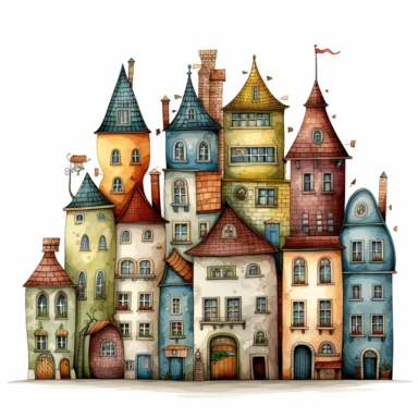 clipart houses, in the style of colin thompson, on white background