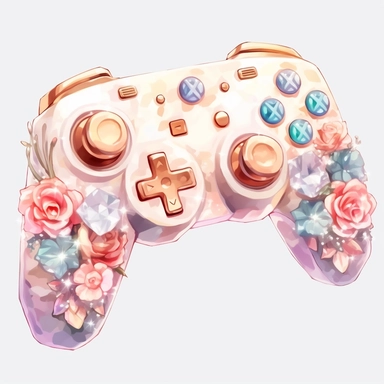 Watercolour rose gold and pastel detailed 3d gaming console Nintendo Switch , surrounded by beautiful roses and Swarovski crystals and diamonds, svg clipart style, solid white background, clipart element, clipart style highly detailed beautiful