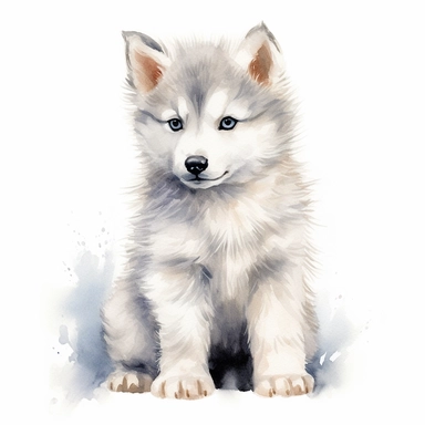 full perspective watercolor fluffy husky puppy clipart, on a white background