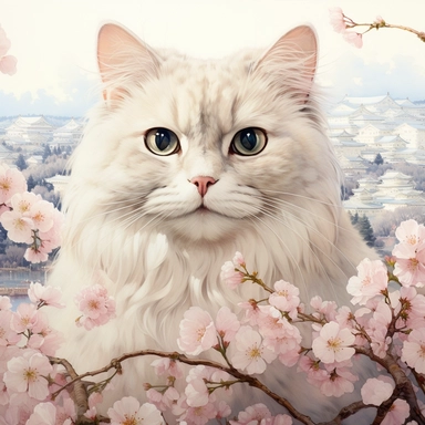 Ragdoll Cat wearing a dream-color Japanese kimono wanders under the grand Osaka Castle, surrounded by cherry blossoms in the park below. Clipart Watercolor By Yuzo Komori. clean line, on white background only, spaced out, with space around.