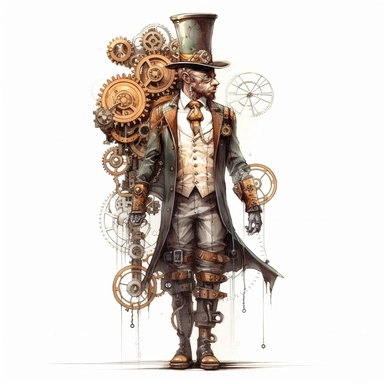 steampunk victorian prototype, full body, watercolor, gears, pinions, calipers, clocks, rivets, top hat, clipart, duo tone, realistic, ultra resolution, vivid detail, 8k, minimal watercolors, white background