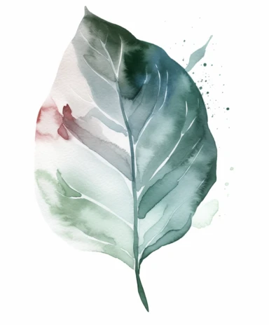 watercolor clipart illustration of a leaf green and grey, in the style of meticulous design, minimalistic serenity, light turquoise and dark white, oil paintings, dark green and light crimson, naturalistic poses, imitated material