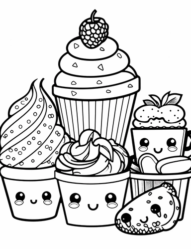 Kawaii Ice Cream with delightful designs and flavors, like blueberry, chocolate chip, and banana For Simple Coloring page,line art, thick lines, black and white,clipart, illustration, on white background,margin Page 10px