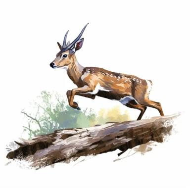 Bushbuck, gracefully leaping over fallen logs, vibrant colors, clipart, on a white background.