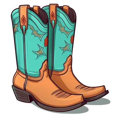 very simple sharp detail pair of tan and turquoise cowgirl boots cartoon clipart