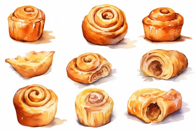 watercolor Cinnamon roll clipart, hd, white background, spaced out