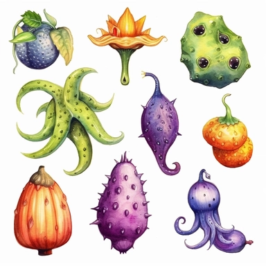 Cliparts separate alien strange--2 alien fruits watercolor,from an other planet wierd--2, no background, high definition a lot of detail