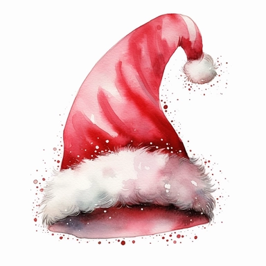 watercolor vintage unique whimsical santa hat, clipart, red color scheme, photorealistic, vector, on white background, hd